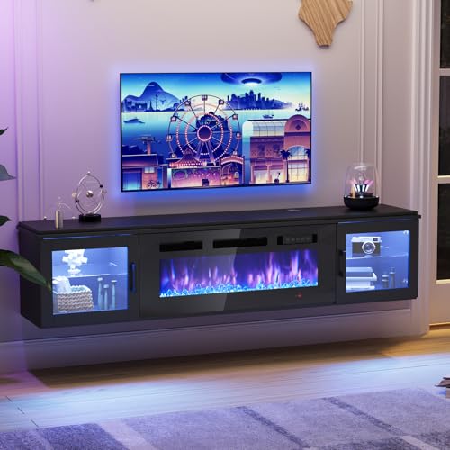 70" Floating Fireplace TV Stand Fits TVs Up to 80", Black&Black, view 4