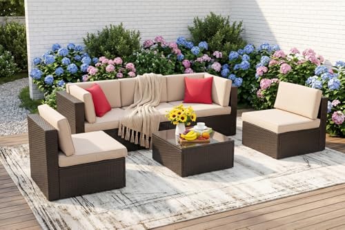 6 Pieces Patio Furniture Set, Outdoor Sectional Patio Sofa Couch, PE Wicker Rattan Patio Set with Coffee Table for Garden, Backyard, Poolside (Beige)