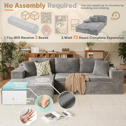 109" Boneless Couch with Memory Foam, Modular Sectional Sofa with L-Shape Chaise, Cloud Couch with Deep Seat, Dual Cup Holders & Side Pockets, No Assembly Required (Gray)