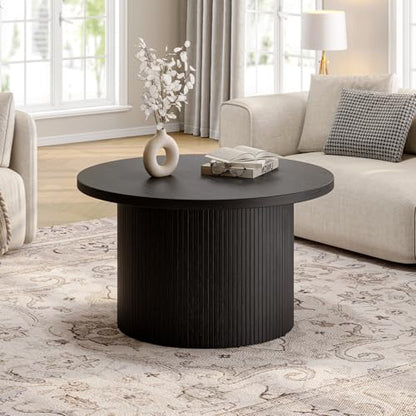 31.5" Round Coffee Table, Tambour Design Coffee Tables for Living Room, Mid Century Modern Wood Coffee Table, Drum Accent Small Center Table, Black