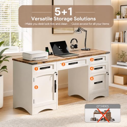 55 Inch Farmhouse Executive Desk with Drawers and Charging Station, view 7