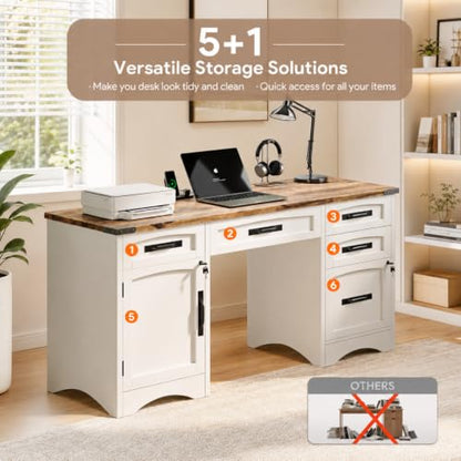 55 Inch Farmhouse Executive Desk with Drawers and Charging Station, view 7