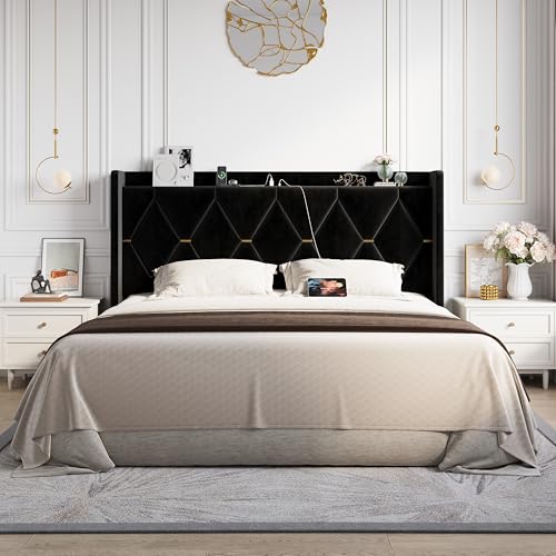 King Size Bed Frame with Storage Headboard & Smart Charging Station, view 4