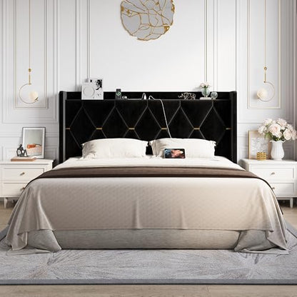 King Size Bed Frame with Storage Headboard & Smart Charging Station, view 4
