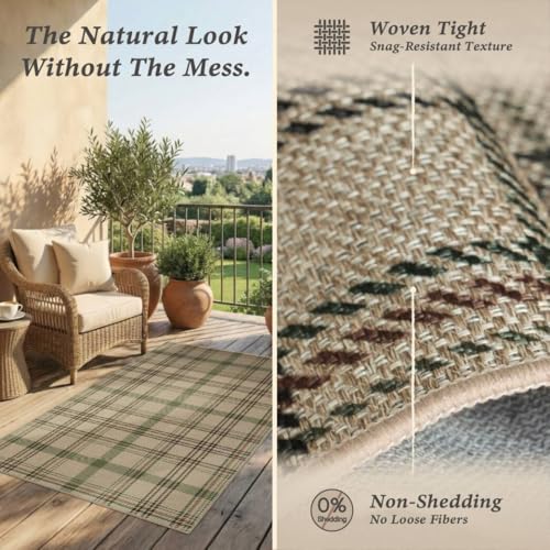 Easy Jute Green Plaid Rug 6x9 for Living Room, Washable Modern Farmhouse Area Rugs for Bedroom Aesthetic, Dining Room, Patio, Sage Tan Woven Tartan Design, Non Skid, Easy Clean Viral Jute No Shed