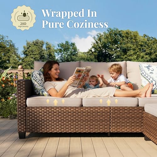 Patio Furniture Set, 8 Pcs Wicker Rattan Outdoor Conversation Set, 4 x Leg Chairs, 1 x 3 Seater Sofa and 2 x Ottoman with 4" Thick Cushion and 56" Fire Pit Table, Beige