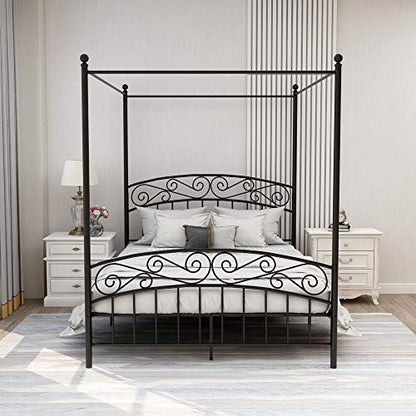 Queen Size Metal Canopy Bed Frame, Black, view 4