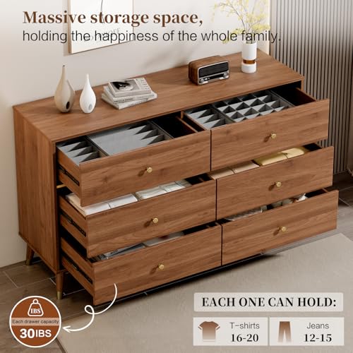 6 Drawer Dresser, 47" Wide Mid Century Chest of Drawers, view 4
