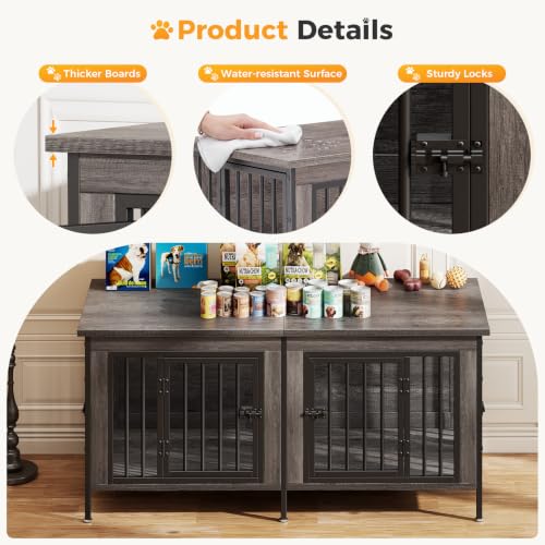 54" Double Dog Crate Furniture for 2 Dogs, Gray Wood Grain, view 4