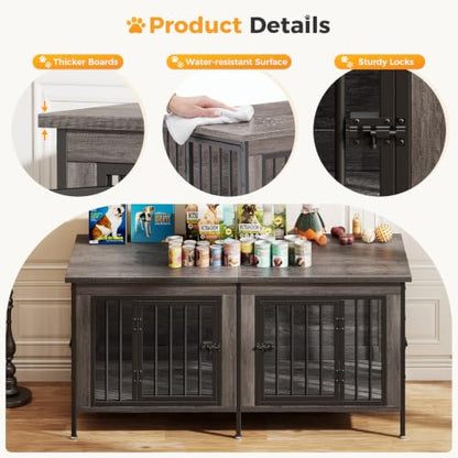 54" Double Dog Crate Furniture for 2 Dogs, Gray Wood Grain, view 4