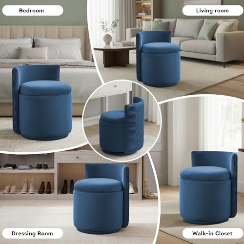 360° Swivel Velvet Vanity Chair with Storage, Barrel Makeup Chair with Wave Back, No Assembly Upholstered Vanity Small Accent Chairs for Living Room, Blue