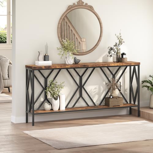 70.9'' Extra Long Console Table, Industrial Sofa Table Behind Couch, 2 Tier Narrow Entryway Table with Storage Shelf, for Living Room, Rustic Brown and Black CTHR18301