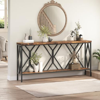 70.9'' Extra Long Console Table, Industrial Sofa Table Behind Couch, 2 Tier Narrow Entryway Table with Storage Shelf, for Living Room, Rustic Brown and Black CTHR18301