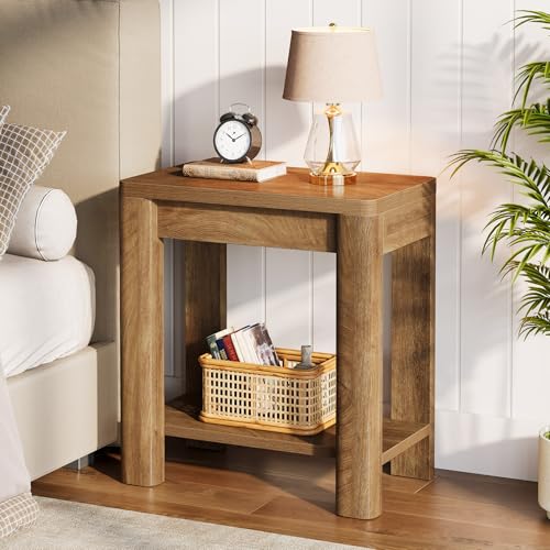 Tribesigns End Table for Living Room, Farmhouse Wooden Side Table with Storage Shelf, Small Narrow Bedside Accent Furniture for Bedroom (Brown, 1PC)
