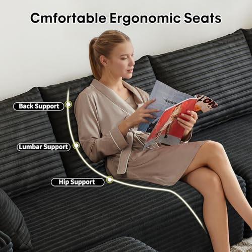 139.4" Modular Sectional Sofa, U-Shaped Minimalist Couches with 2 Ottomans Chaise, Modern Deep Seat Convertible Sleeper Sofa Bed,Cloud Plush Corduroy Fabric, No Assembly Required, 6 Seater, Black