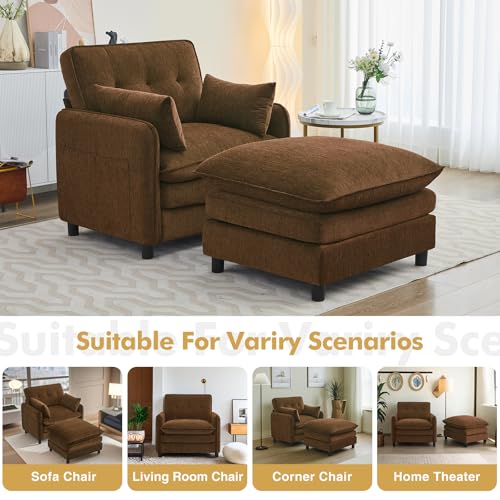 Chenille Oversized Accent Chair with Ottoman, 63" D Oversized Chair and Ottoman with Double Pocket, Reading Armchair with Extra Wide Armrests for Living Room, Reception Room, Brown