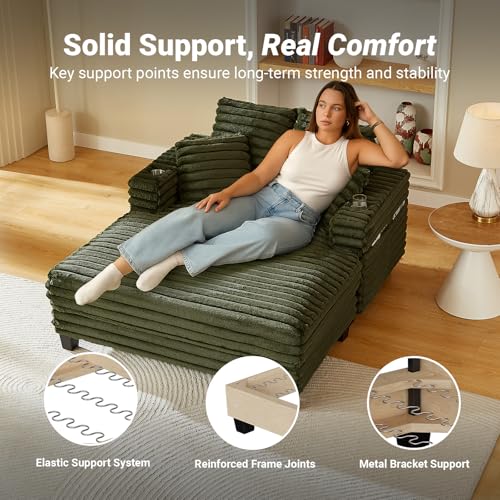 64" Oversized Chaise Lounge Chair with Wood Frame, 2 Cup Holders, view 6