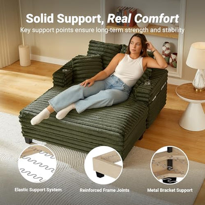 64" Oversized Chaise Lounge Chair with Wood Frame, 2 Cup Holders, view 6