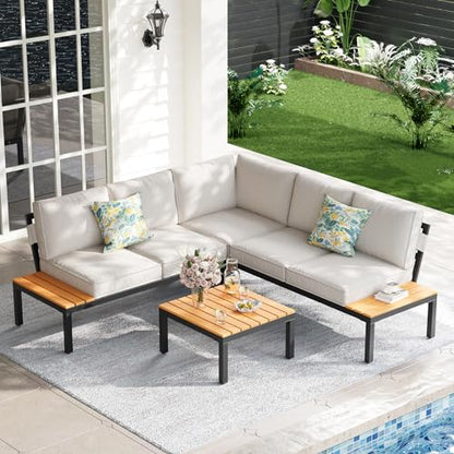 5-Person Outdoor Patio Furniture Set, Durable Metal Frame Outdoor Sectional with Wood-Look Table & Waterproof Cushions, All-Weather Conversation Set for Garden, Balcony, Poolside-Beige
