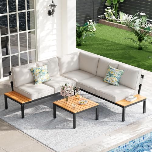 5-Person Outdoor Patio Furniture Set, Durable Metal Frame Outdoor Sectional with Wood-Look Table & Waterproof Cushions, All-Weather Conversation Set for Garden, Balcony, Poolside-Beige
