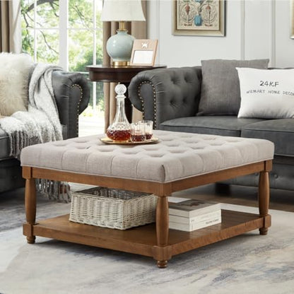 Upholstered Square Coffee Table with Wooden Shelf, Tufted Button Large Square Ottoman with Spindle Wooden Legs, Linen Large Footrest Ottoman Pouf for Living Room, Linen