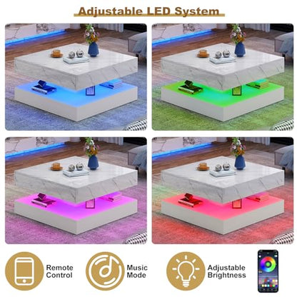 33.9 Inch Modern LED Coffee Table with Storage - High Gloss Black Square Center Table with 2 Drawers, Double-Layer Design for Living Room, Home Office Furniture,White Marble