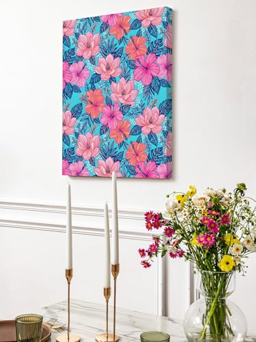 NuYeBiofx Exotic Pink Red Floral Blue Leaves Canvas Wall Art Prints,40"x28" Framed Picture Artwork Boho Tropical Plants Printed Canvas Oil Painting for Living Room Bedroom Office,Ready to Hang