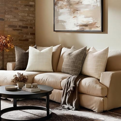 Taupe Grey Plaid Decorative Fall Throw Pillow Covers 20x20 Set of 2, view 6