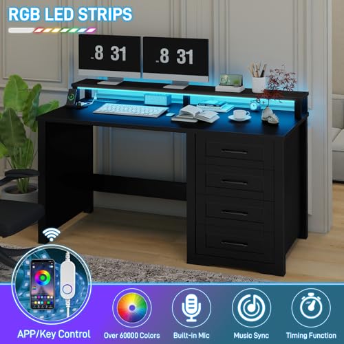 47" Farmhouse Executive Desk with 4 Drawers,LED Lights, Pure Black, view 6