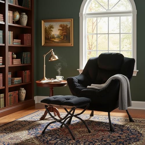 Lazy Chair with Ottoman, Modern Accent Chair with Armrests and a Side Pocket, Leisure Sofa Armchair, Reading Armchair with Footrest for Small Space, Black