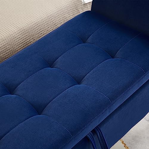 Storage Ottoman Bench, Velvet Benches End of Bed Bench with Solid Wood Legs Upholstered Ottoman with Storage Indoor Bench for Living Room with Rolled Arm, Entryway, NavyBlue