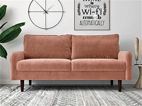 Americus Velvet Upholstered 3 Seater Couch for Living Room, with Luxurious Mid Century Modern Design and Wooden Base, Sofa, Rose