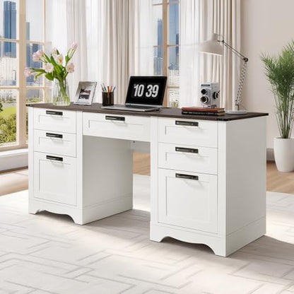 60" Executive Desk with Drawers, Farmhouse Home Office Desk with Charge Station, view 2