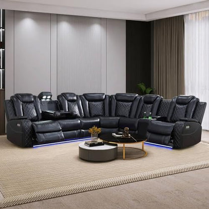 Black Leather Power Reclining Sectional Sofa,Sectional Couch with Recliner,L Shaped Recliner Sofa with LED Light/Read Lamp/Storage Console/USB Port for Living Room/Home Theater/Apartment