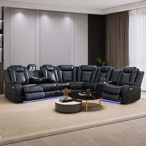 Black Leather Power Reclining Sectional Sofa,Sectional Couch with Recliner,L Shaped Recliner Sofa with LED Light/Read Lamp/Storage Console/USB Port for Living Room/Home Theater/Apartment
