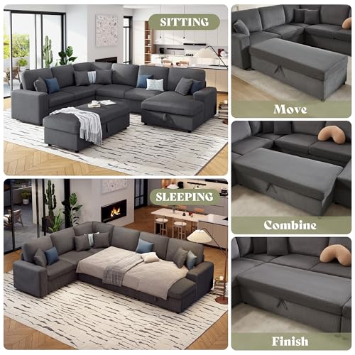 129 Inch Sectional Couches for Living Room,Sectional Sofa with Storage & Ottoman,Modular Sectional Couch Converts to Sleeper,Cloud Couch Sectional for Large Space with Corduroy,Grey