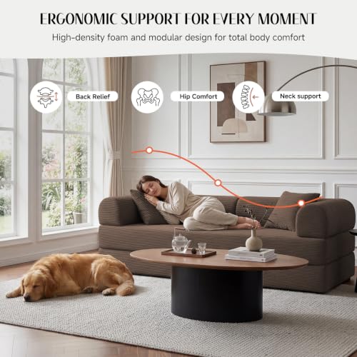 79'' Convertible Sofa Bed, Boneless Couch-in-a-Box, Corduroy Floor Futon Loveseat Sleeper, 26'' Deep Seat, Removable Machine-Wash Covers, No Assembly, 2 Pillows, Brown