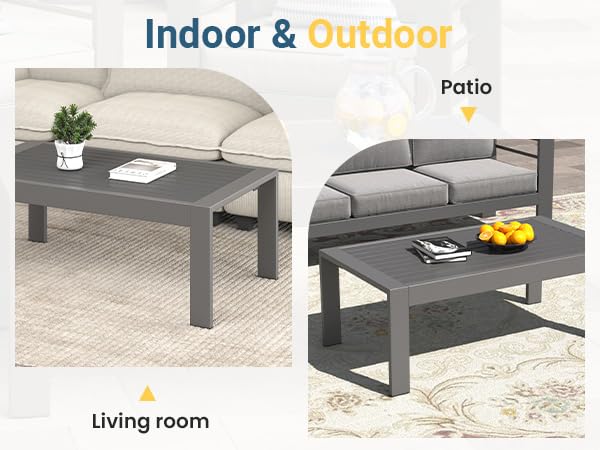 Outdoor Furniture Patio Coffee Table, Rectangle Outdoor Coffee Table, All-Weather Patio Metal Coffee Table for Balcony, Garden, Deck, Backyard, Grey