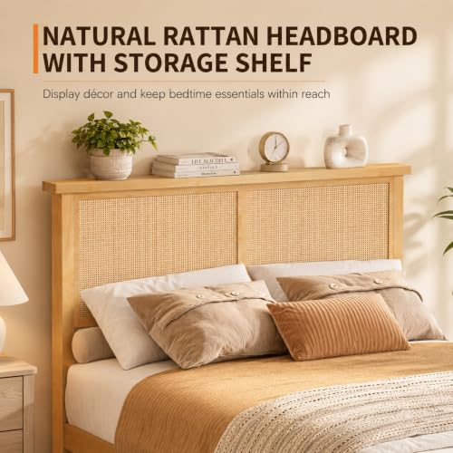 Eclectic Rattan Bed Frame with Natural Headboard & RGB LED Lights, Full Size, view 5