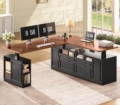 Farmhouse L Shaped Executive Electric Standing Desk with 4 Drawers, view 2