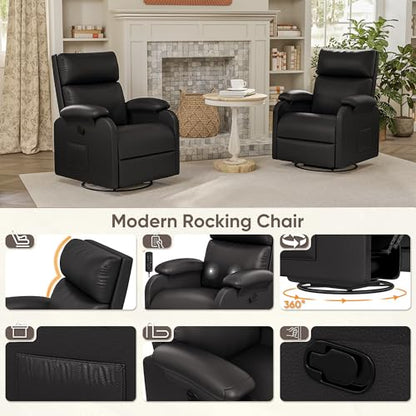 Recliner Chair, 360 Swivel Rocking Chair for Adults, Massage Nursery Chair with Adjustable Backrest and Footrest, PU Leather Glider Rocker Recliners with Side Pocket for Living Room (Black)