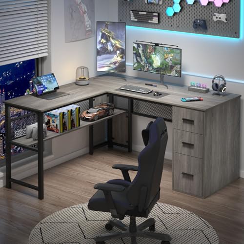 Reversible Gray L Shaped Corner Desk, Farmhouse Wood Computer Desk with File Drawers Cabinets, Large Work Study Executive Home Office Desk with Storage Shelves for Bedroom, Light Grey Oak, 59 Inch