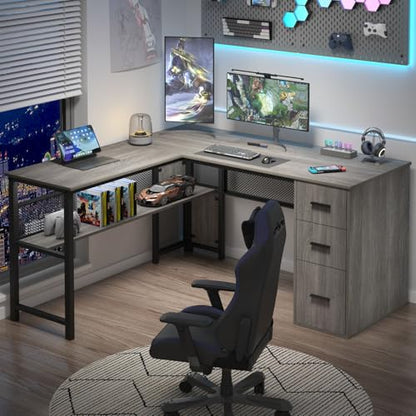 Reversible Gray L Shaped Corner Desk, Farmhouse Wood Computer Desk with File Drawers Cabinets, Large Work Study Executive Home Office Desk with Storage Shelves for Bedroom, Light Grey Oak, 59 Inch