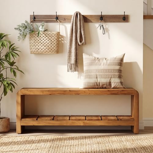 Solid Wood Entryway Bench with Shoe Storage, 59.06-Inch Long Shoe Bench with Open Shelf, Farmhouse End of Bed Seating for Hallway, Foyer, Bedroom, Walnut Brown