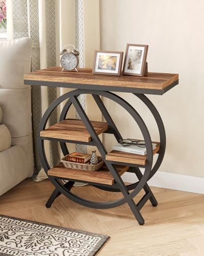 Industrial End Table, Narrow Side Table with 4-Tier Large Storage Space, Modern Bedside Table for Living Room, Home Office, Bedroom, Brown