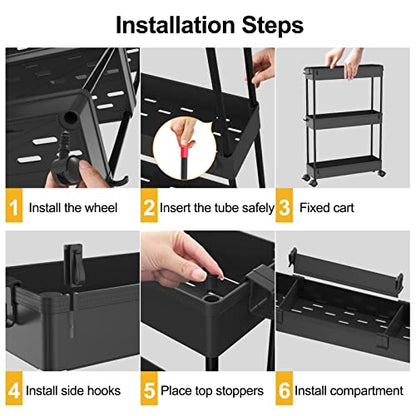 Slim Storage Cart 4 Tier,Bathroom Organizer Rolling Utility,Mobile Shelving Unit Slide Out for Office, Kitchen, Laundry Room & Narrow Places,Black