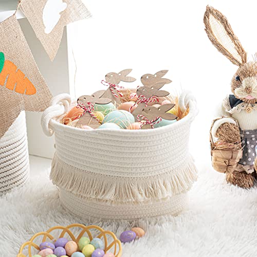 Small Woven Storage Baskets, 9.5'' x 7'' inches Cotton Rope Decorative Hamper for Diaper, Blankets, Magazine and Keys, Cute Tassel Nursery Decor - Home Storage Container, Off-white