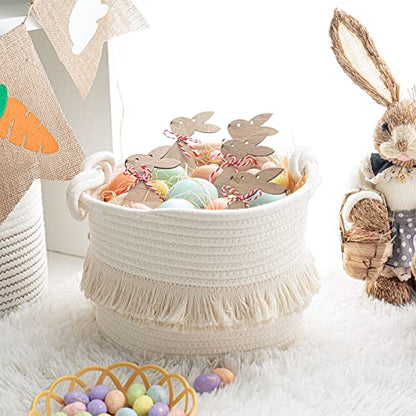 Small Woven Storage Baskets, 9.5'' x 7'' inches Cotton Rope Decorative Hamper for Diaper, Blankets, Magazine and Keys, Cute Tassel Nursery Decor - Home Storage Container, Off-white