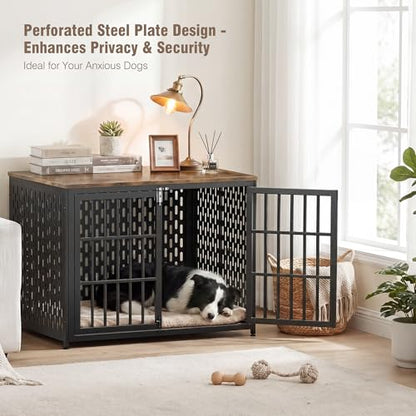 Dog Crate Furniture 42in, Heavy Duty End Table with Perforated Steel Chew-Proof Panels, Escape-Proof Indoor Dog Kennel for Large Dogs (60-90 lbs) Waterproof & Scratch-Resistant
