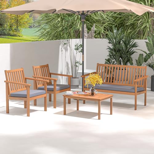 4 Piece Patio Wood Furniture Set, Acacia Wood Sofa Set w/Loveseat, 2 Chairs & Coffee Table, Soft Seat Cushions, Outdoor Wood Furniture Set for Porch, Yard, Balcony (Gray)